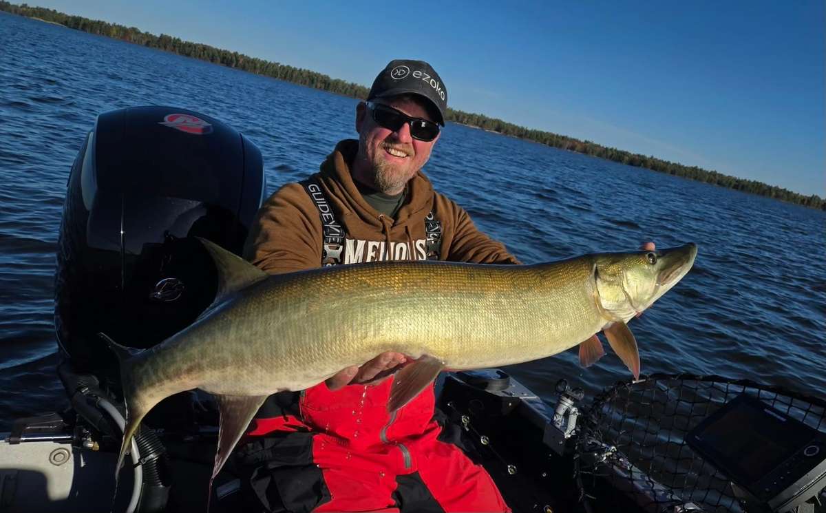A smiling angler in a cap, sunglasses and brown hoodie holding a large musky across both hands beside a boat's outboard motor, with the blue lake and a wooded shore behind