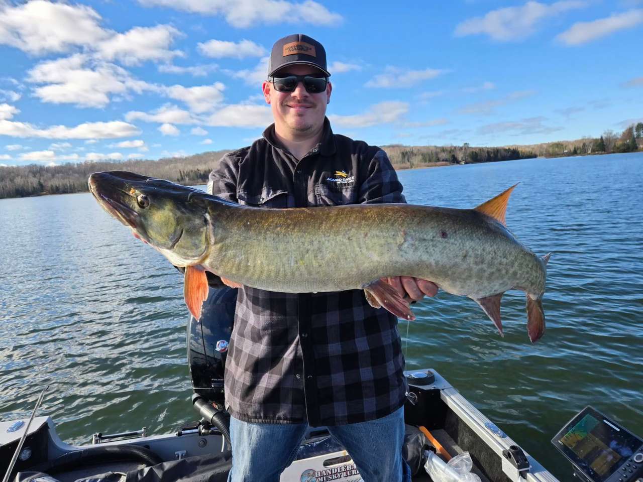 An angler in a cap and sunglasses standing in a boat, holding up a large musky in both hands, with the lake, a wooded shore and a blue sky with white clouds behind
