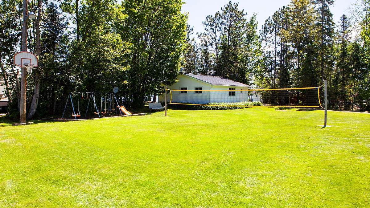 The open lawn with a volleyball net and a basketball hoop among tall trees