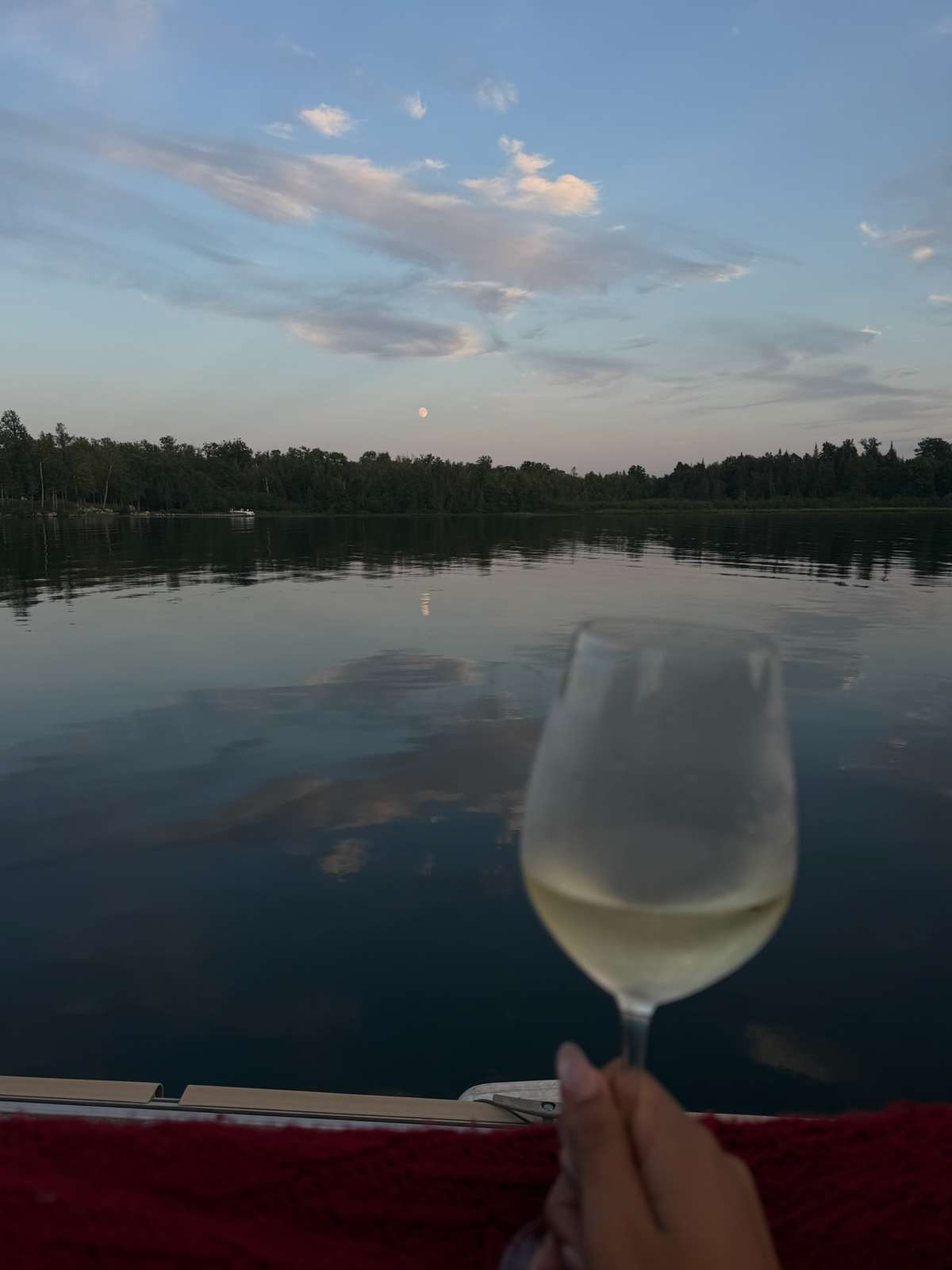 A glass of white wine held up over the calm lake at dusk, the far treeline behind it and the moon and evening clouds reflected in the water