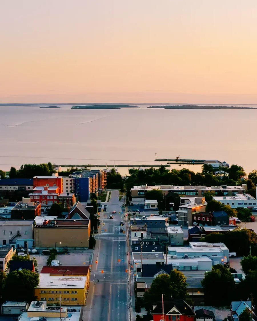 Downtown North Bay streets leading to the Lake Nipissing waterfront at dusk