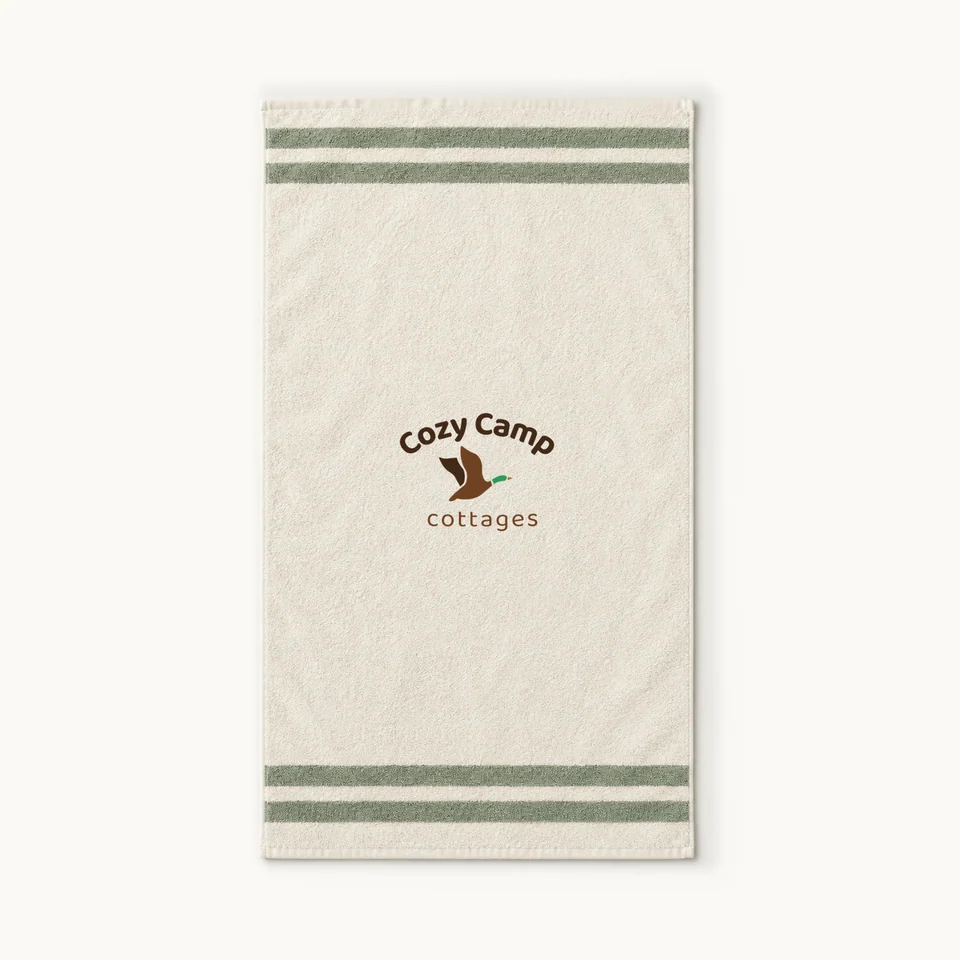 Cozy Camp Beach Towel in Ivory & Sage, unfolded towel and full design, product concept