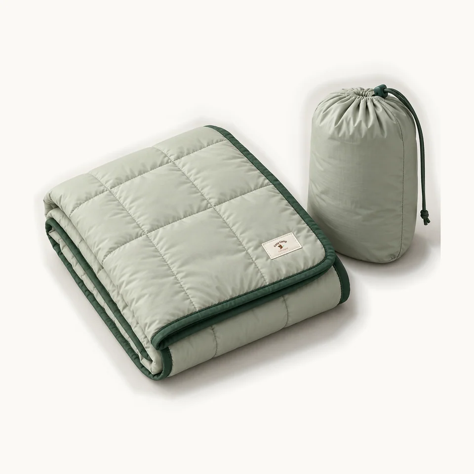 The Camp Blanket in Sage & Pine, folded blanket with its carrying pouch and woven brand patch, product concept