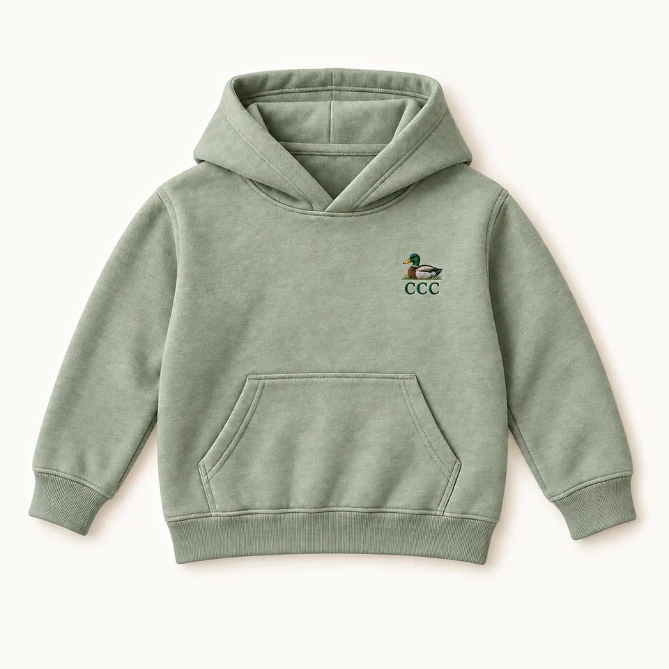 CCC Essentials Kids’ Hoodie in Light Green, front of the garment, product concept