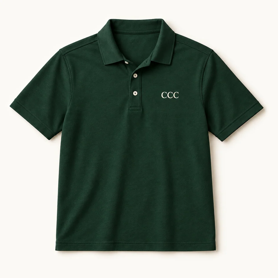 CCC Essentials Golf Polo in Pine Green, front of the garment, product concept