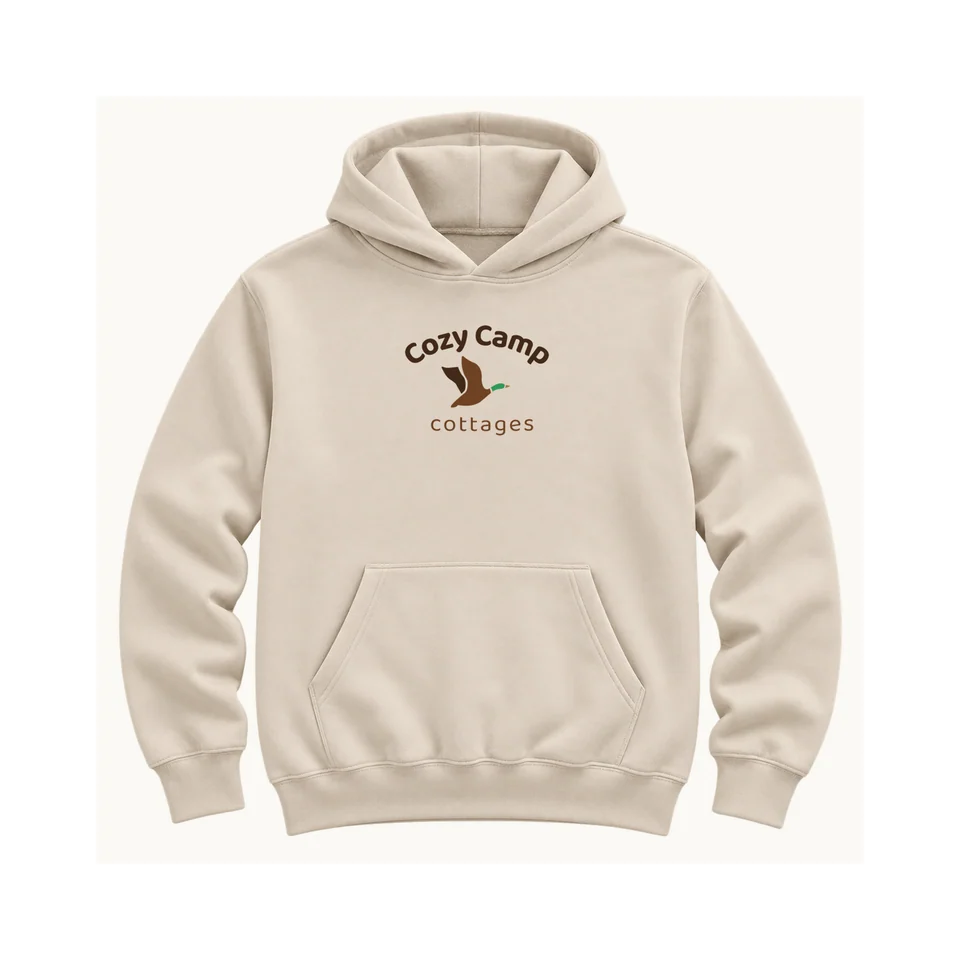 The Campfire Hoodie in Sand, whole product, original Cozy Camp chest or crown design, product concept