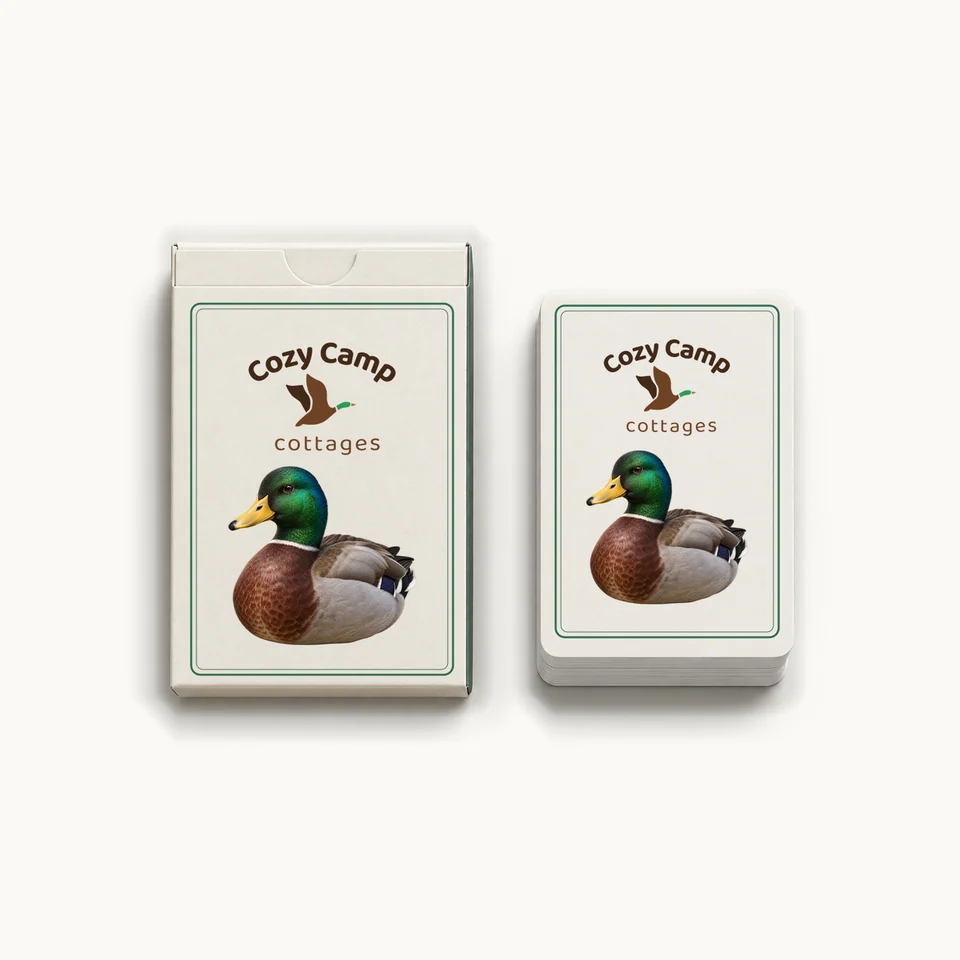 Cozy Camp Playing Cards in Ivory & Pine, branded tuck box and Maverick card back, product concept
