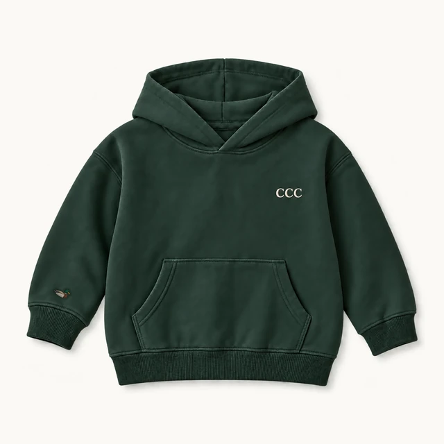 Summer 2027 Kids’ Hoodie in Pine Green, front, product concept