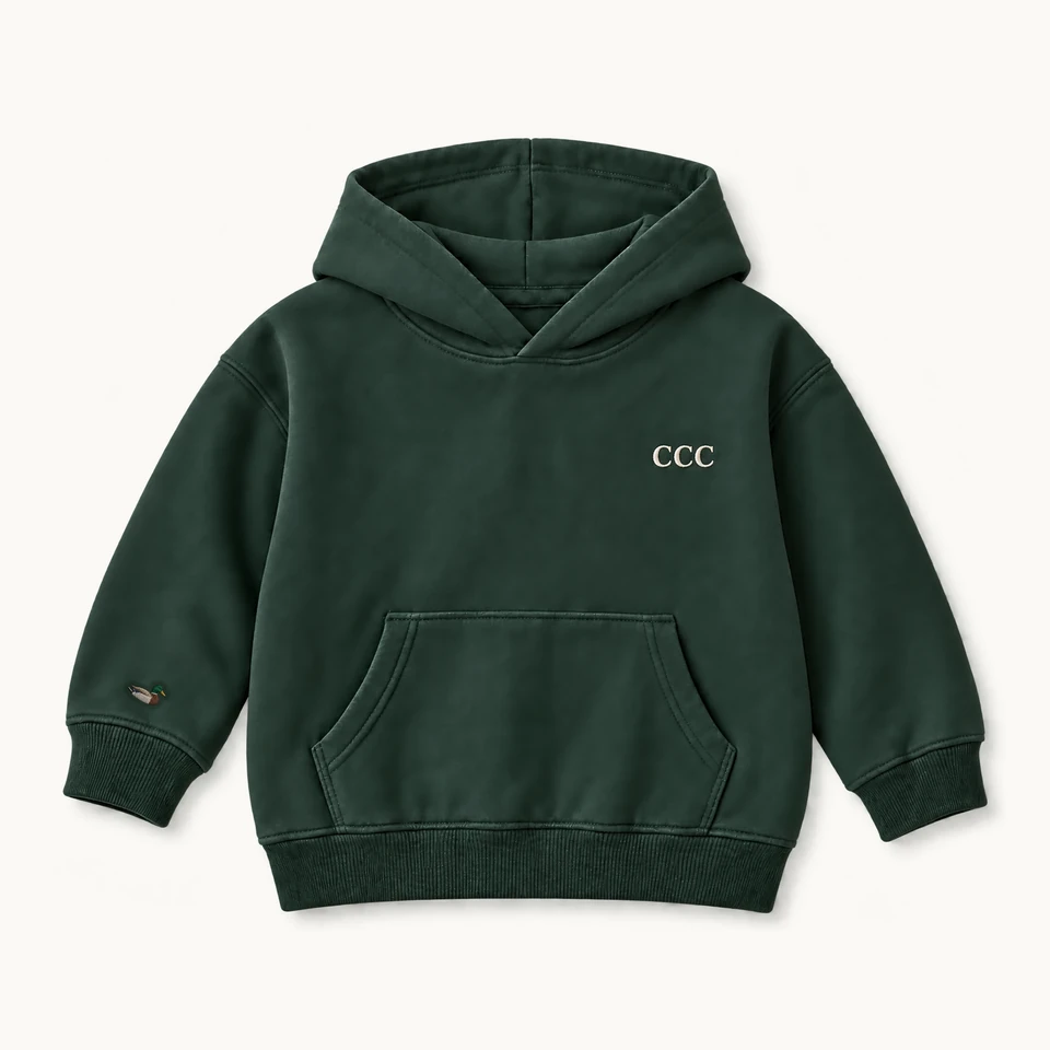 Summer 2027 Kids’ Hoodie in Pine Green, front of the garment, product concept