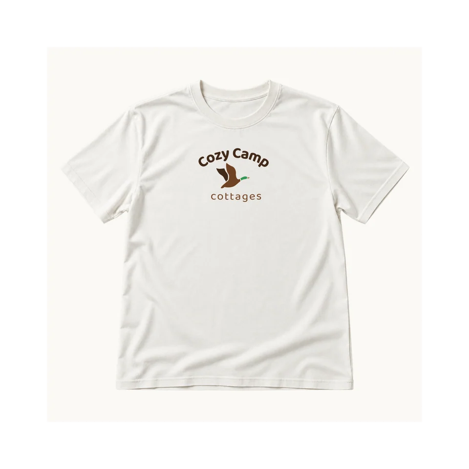 The Camp T-shirt in Ivory, whole product, original Cozy Camp chest or crown design, product concept