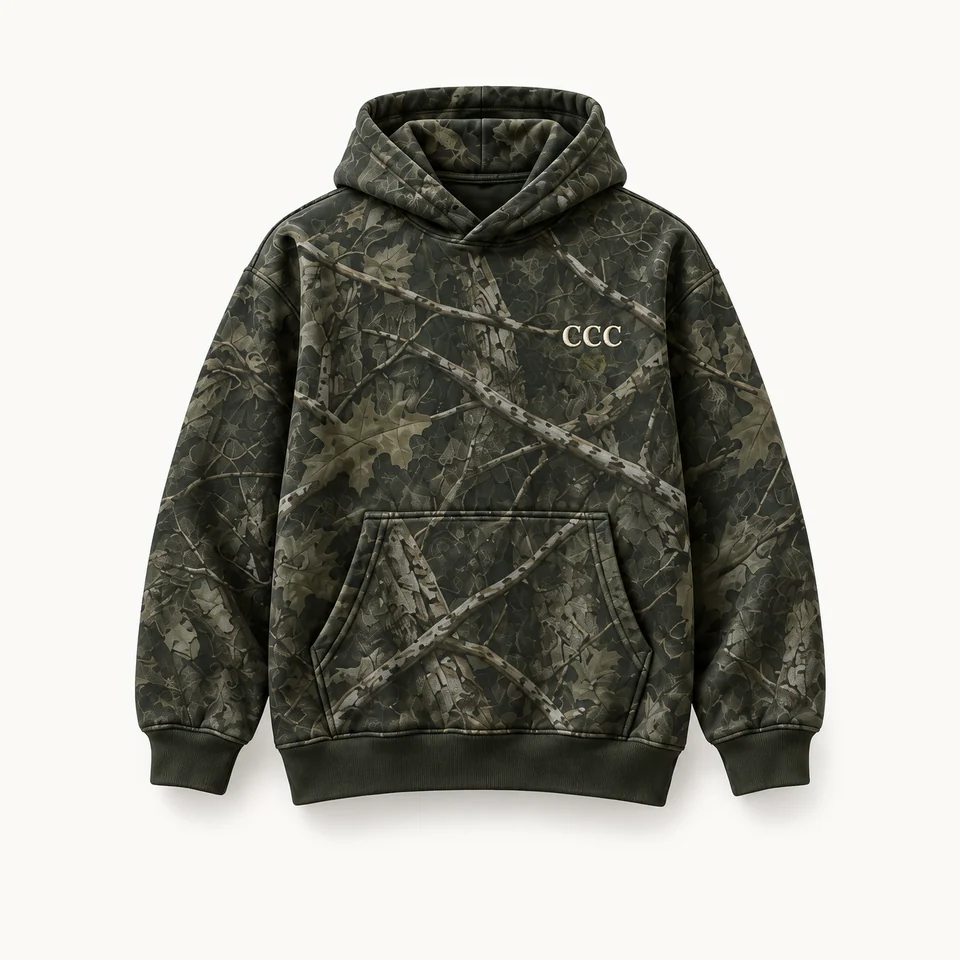 Cozy Camo Hoodie in Cozy Camo, front of the garment, product concept