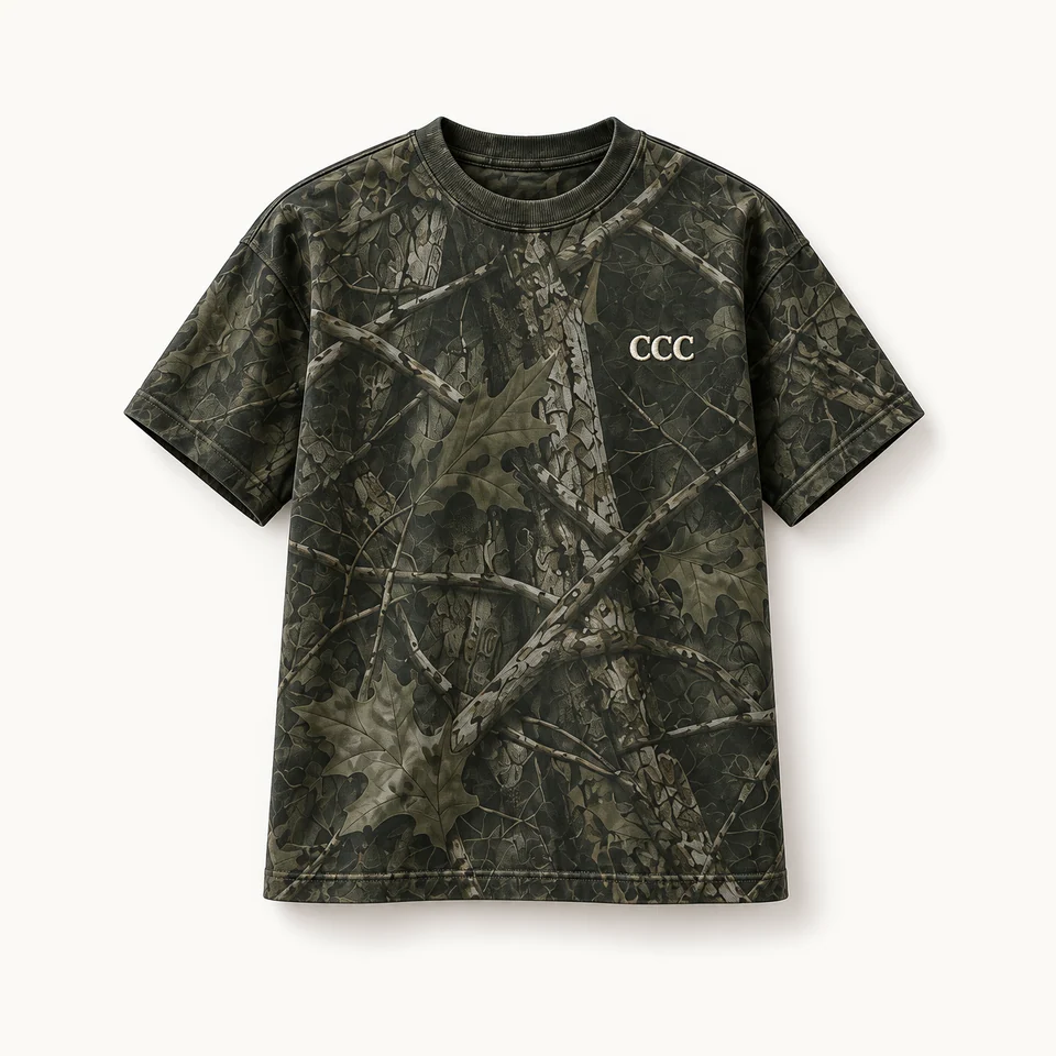 Cozy Camo T-shirt in Cozy Camo, front of the garment, product concept